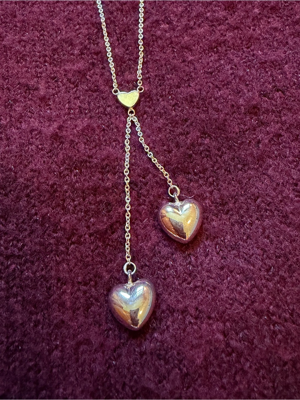 Double Puff Silver Tone Heart Drop Necklace